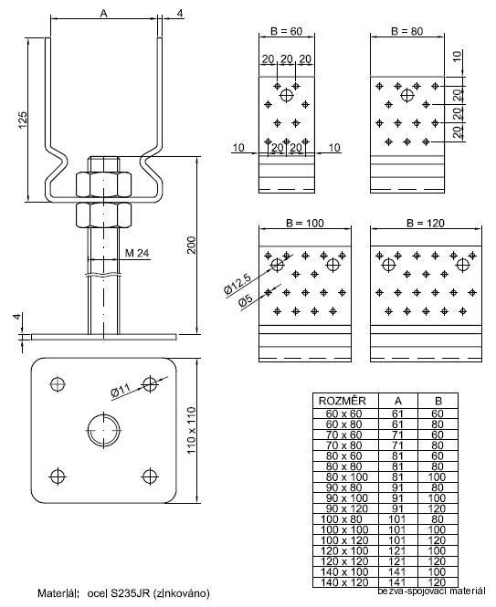 Kotevní patka BV/T 14-07 120x120 mm stavitelná