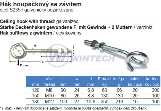 Hák houpačkový se závitem M10x150mm