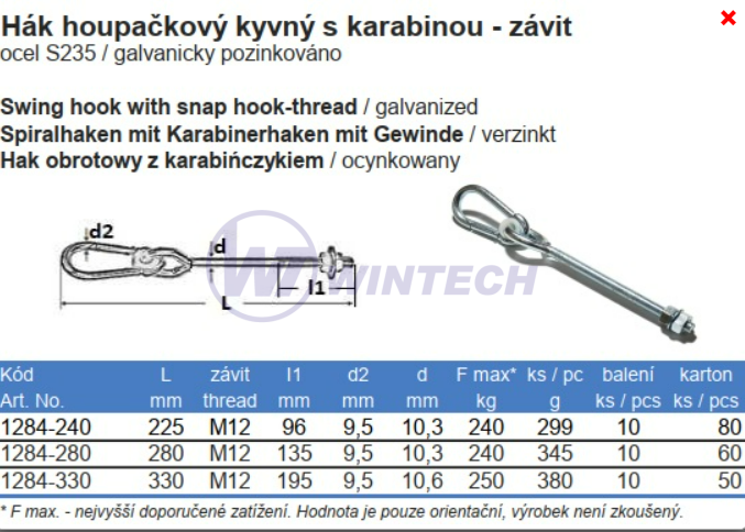 Hák houpačkový kyvný s karabinou 12x280mm