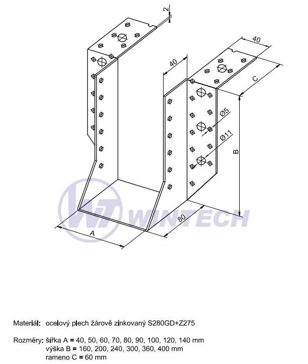Třmen s horním ohybem BV/T, 100x200 ZAR, 1 ks