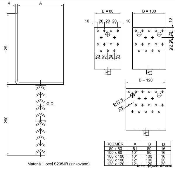 Kotevní patka do betonu 120x120 mm BV/T 14-03